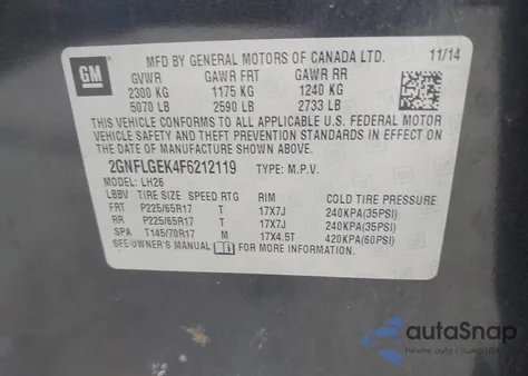 2015 Chevrolet Equinox 2Lt из США, поврежденный, VIN 2GNFLGEK4F6212119